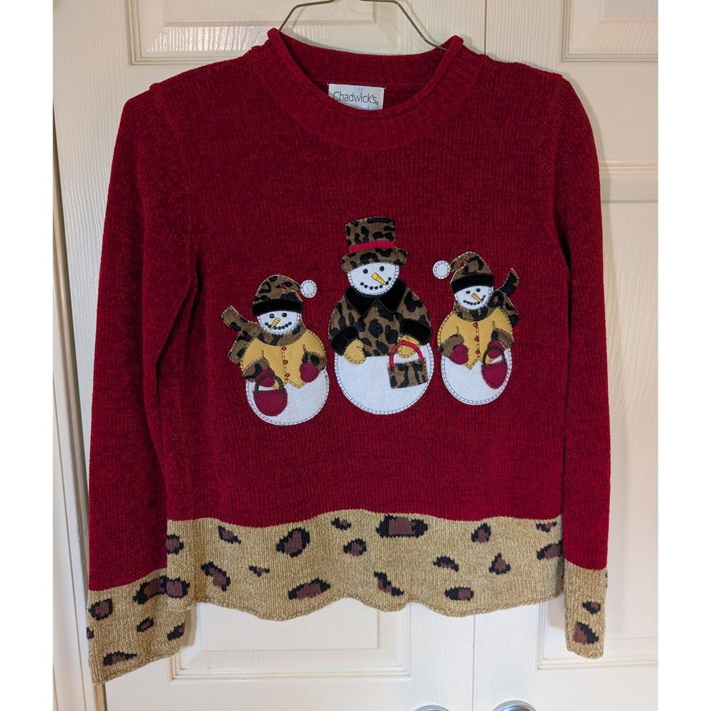 VTG Chadwicks Snowman Leopard Print Holiday Novelty Sweater Red M Late 90s Y2K